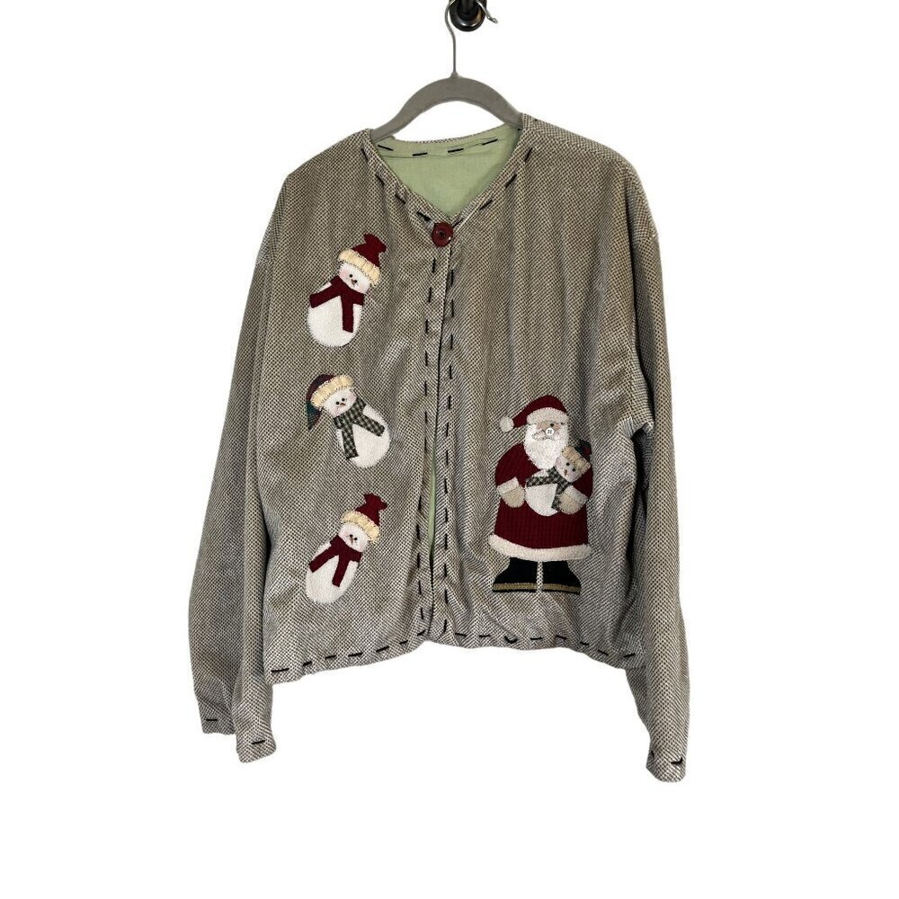 Jacket L Brown Holiday Santa Animal Print Western‎ Boho Snowman Classic 80s